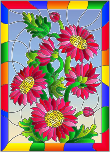 Illustratie Gebrandschilderd Glas Stijl Met Fel Roze Bloemen Knoppen Bladeren — Stockvector