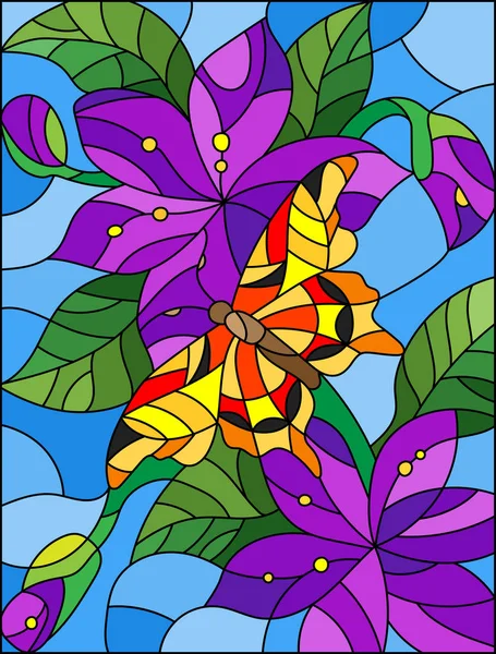 Illustration Verre Teinté Avec Papillon Orange Vif Fleurs Feuilles Violettes — Image vectorielle