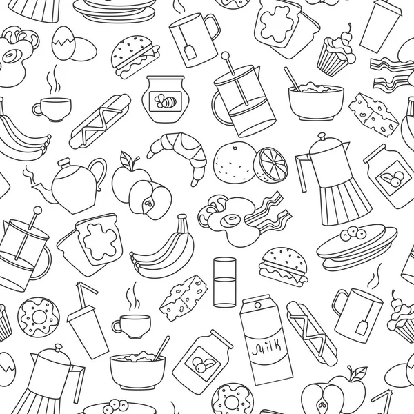 Patrón Sin Costuras Sobre Tema Comida Desayuno Iconos Contorno Simple — Vector de stock