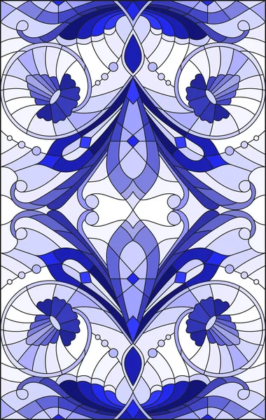 抽象的な渦巻きでステンド グラス スタイルのイラスト花し 垂直方向のガンマの青い光の背景に葉 — ストックベクタ