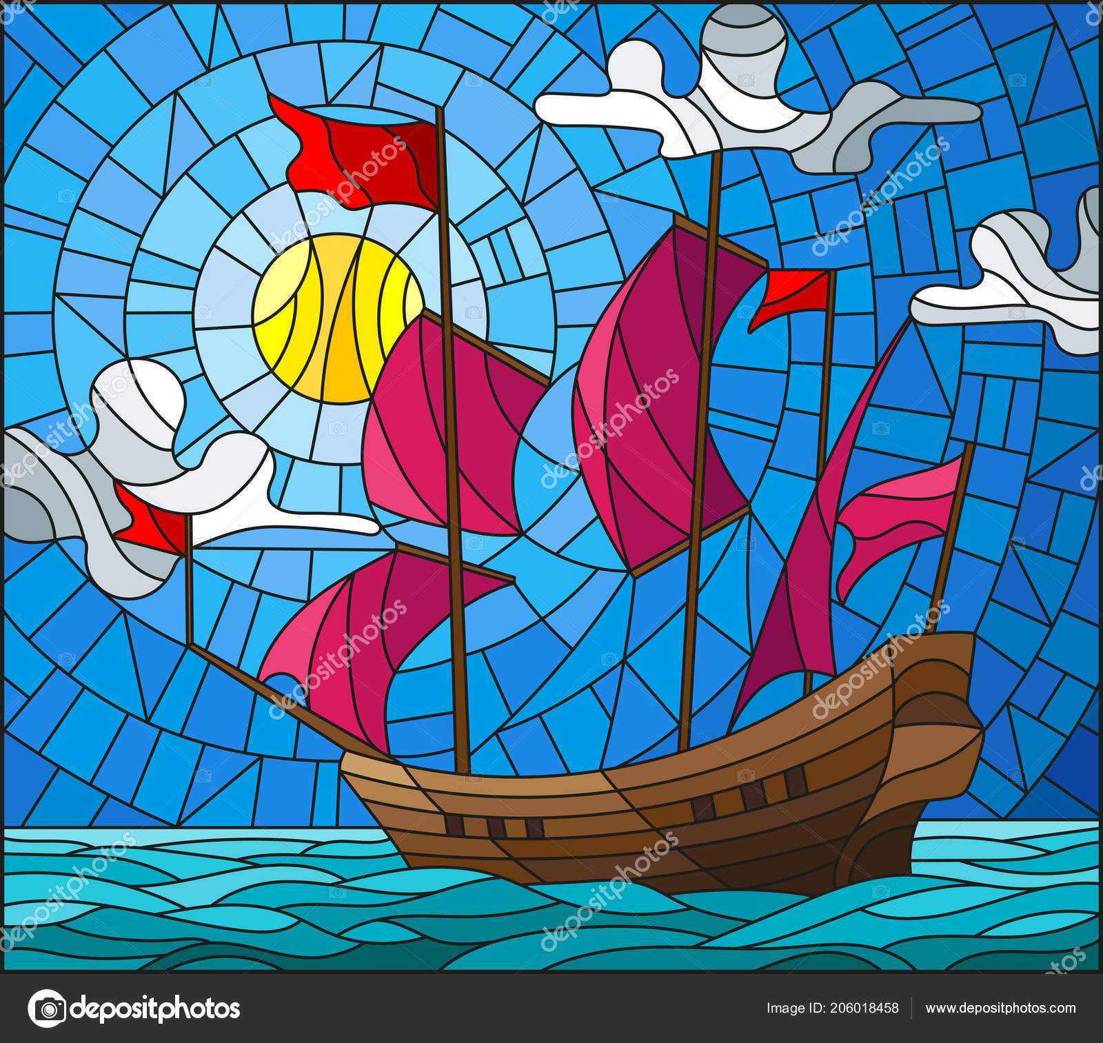 海に対して赤い帆と古い船とステンド グラス スタイルのイラスト 