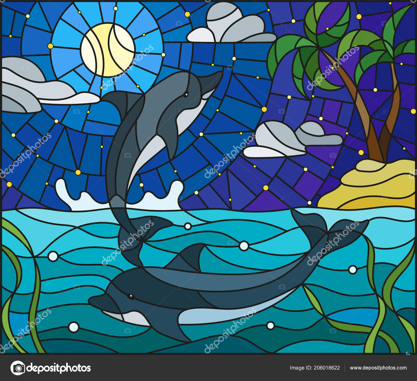 Illustration Stained Glass Style Pair Dolphins Background Water Tarry