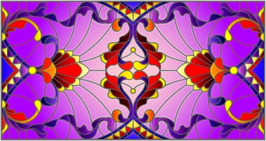 İllüstrasyon soyut swirls, vitray tarzında çiçekler ve yatay yönlendirme, mor bir arka plan bırakır