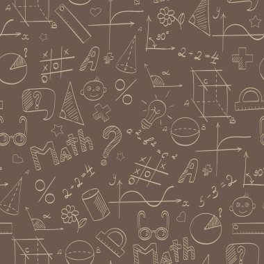 Okul, eğitim ve konu matematik, bej çizilmiş grafik, formüller ve simgeler kahverengi zemin üzerinde tema seamless modeli