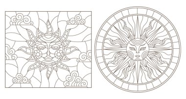 Yuvarlak yüz, vitray güneşin kontur illüstrasyonlar ayarla ve görüntü, beyaz bir arka plan üzerinde koyu anahat Meydanı, izole