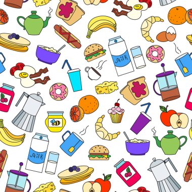Kahvaltı ve yemek tema, beyaz arka plan basit renk simgeleri seamless modeli