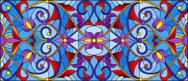 Mavi arka planda soyut girdaplar, çiçekler ve yapraklar ile boyalı cam tarzında resim, yatay yönelim