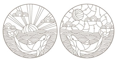 Dalgalar ve gökyüzü, beyaz bir arka plan üzerinde koyu anahat kontur illüstrasyonlar yunuslar ile ayarlama