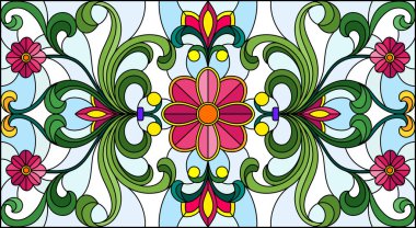 İllüstrasyon soyut swirls, vitray tarzında çiçekler ve hafif bir arka plan üzerinde yatay yönlendirme bırakır