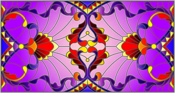 İllüstrasyon soyut swirls, vitray tarzında çiçekler ve yatay yönlendirme, mor bir arka plan bırakır