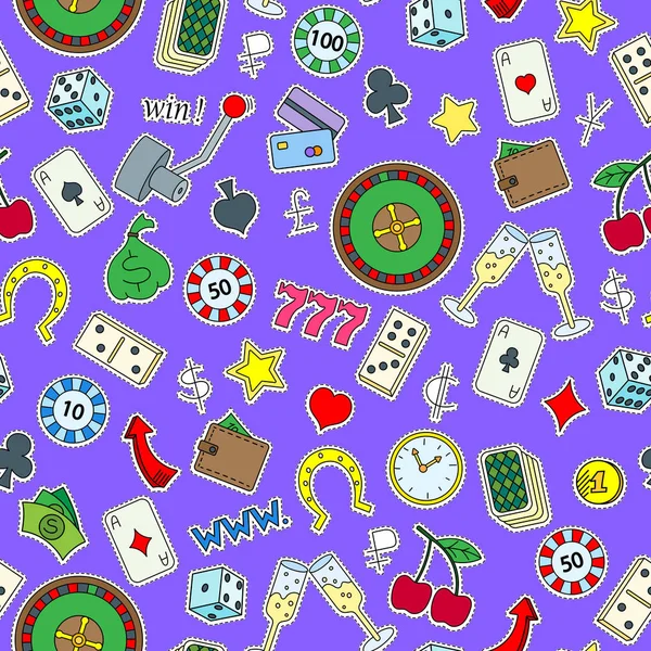 紫色の背景にギャンブルとお金の簡単な塗装パッチ アイコンをテーマにシームレス パターン — ストックベクタ