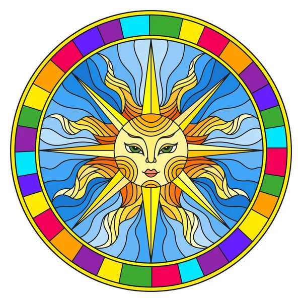 Ilustrace Stylu Barevného Okna Abstraktním Sluncem Jasném Rámečku Kulatý Obraz — Stockový vektor