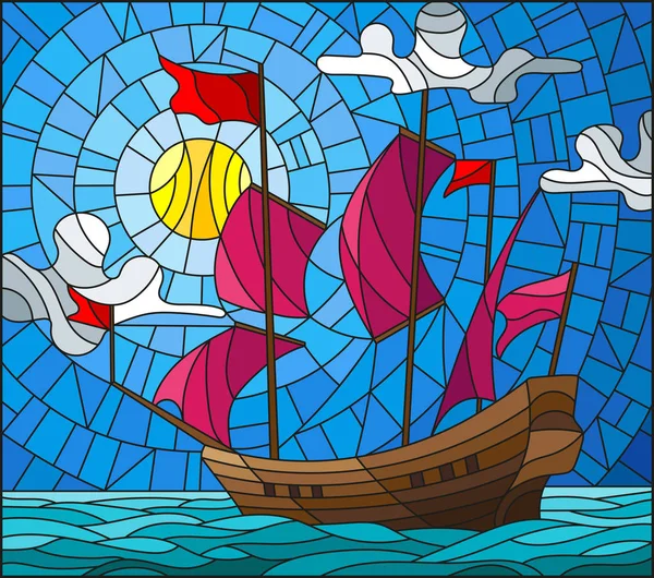 Ilustración Estilo Vitral Con Viejo Barco Navegando Con Velas Rojas — Archivo Imágenes Vectoriales