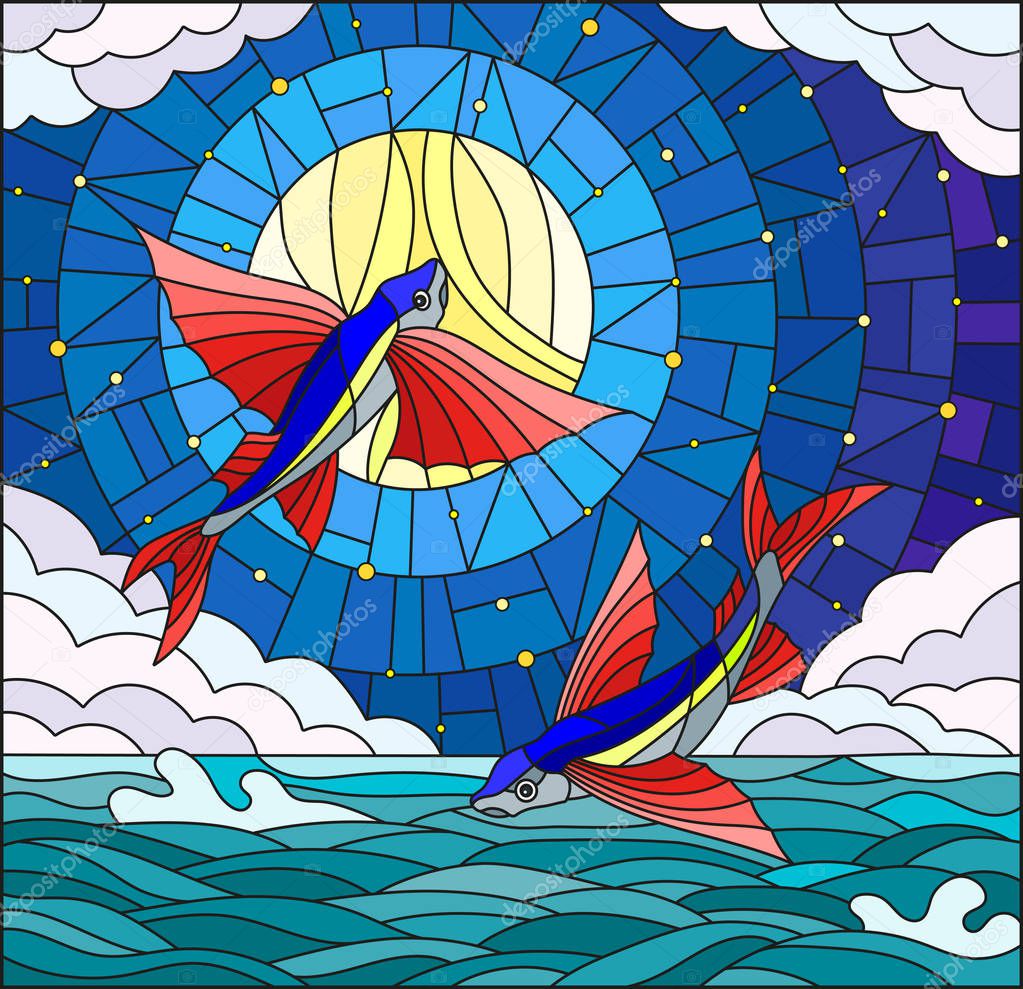 Illustration in stained glass style with a pair of flying fish on the background of water ,cloud, starry sky and moon