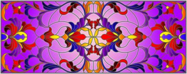 İllüstrasyon soyut swirls, vitray tarzında çiçekler ve yatay yönlendirme, mor bir arka plan bırakır