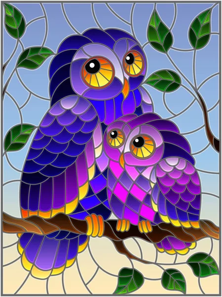 Illustratie Gebrandschilderd Glas Stijl Met Fairy Uil Owlet Een Boomtak — Stockvector
