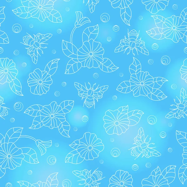 Seamless Pattern Colorful Bees Flowers Light Outlines Blue Background — Stock Vector