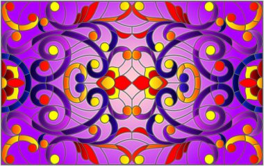 İllüstrasyon soyut swirls, vitray tarzında çiçekler ve yatay yönlendirme, mor bir arka plan bırakır