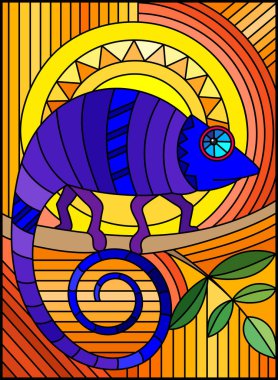 İllüstrasyon soyut geometrik mavi bukalemun turuncu bir arka plan üzerinde renkli cam tarzı