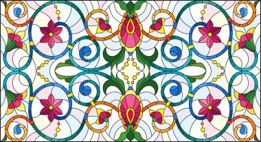 İllüstrasyon soyut swirls, vitray tarzında çiçekler ve hafif bir arka plan üzerinde yatay yönlendirme bırakır