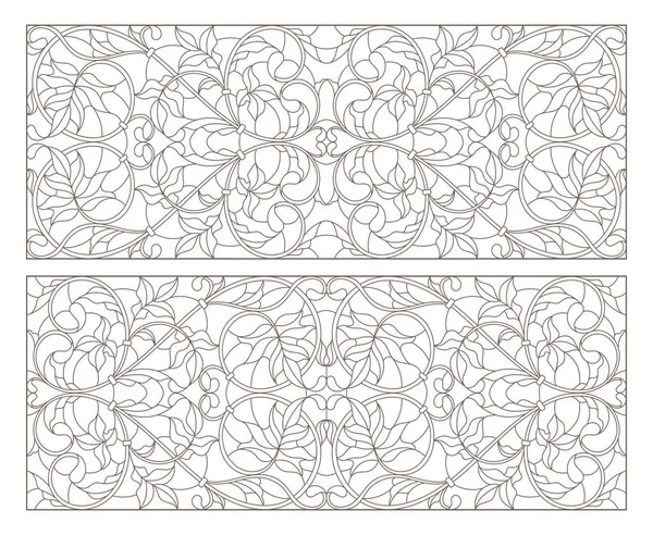 Série Illustrations Contour Vitraux Avec Tourbillons Abstraits Fleurs Orientation Horizontale — Image vectorielle