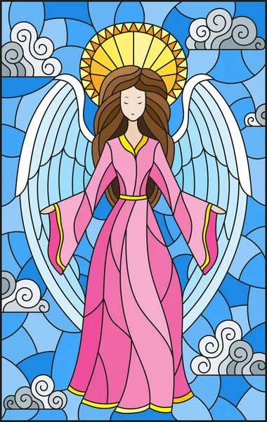 Illustration Stained Glass Style Girl Angel Pink Dress Background Sky — Stock Vector