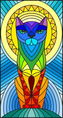 Vitray tarzı ile soyut geometrik kedi gökyüzü ve güneş illüstrasyon