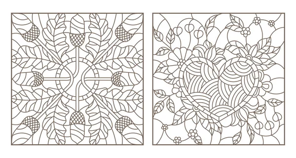 Série Illustrations Contours Vitraux Coeur Avec Fleurs Composition Glands Feuilles — Image vectorielle