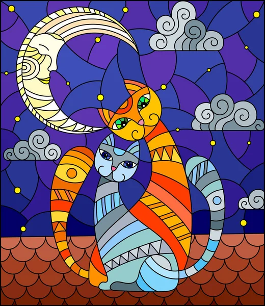 两只猫在坐在屋顶 以防满天星斗的天空 月亮上的彩绘玻璃抽象风格 — 图库矢量图片