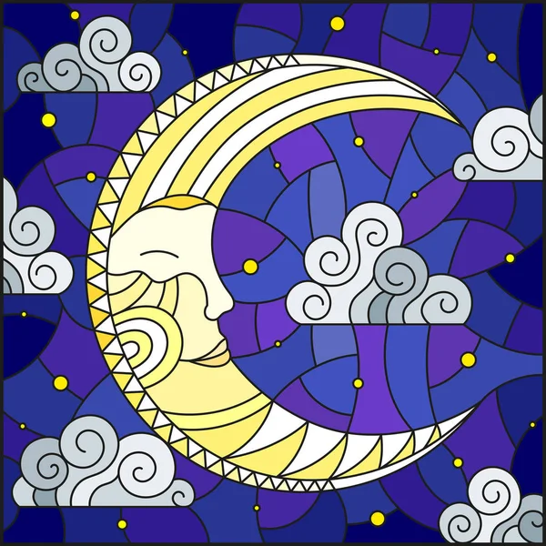 Bulutlu gökyüzü arka plan Ay'da stiliyle vitray çizimde