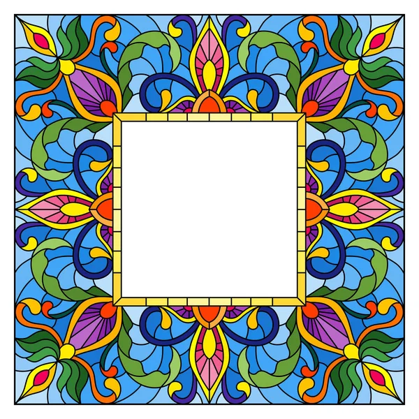 Illustration Stained Glass Style Flower Frame Bright Flowers Leaves Blue — Stock Vector