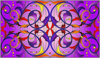 İllüstrasyon soyut swirls, vitray tarzında çiçekler ve yatay yönlendirme, mor bir arka plan bırakır