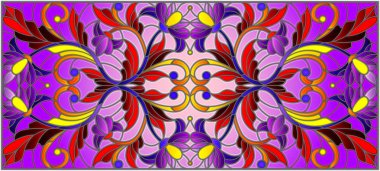 İllüstrasyon soyut swirls, vitray tarzında çiçekler ve yatay yönlendirme, mor bir arka plan bırakır