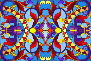 Mavi arka planda soyut girdaplar, çiçekler ve yapraklar ile boyalı cam tarzında resim, yatay yönelim