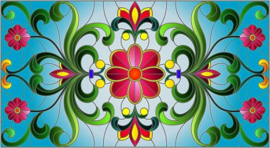 Mavi arka planda soyut girdaplar, çiçekler ve yapraklar ile boyalı cam tarzında resim, yatay yönelim