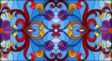 Mavi arka planda soyut girdaplar, çiçekler ve yapraklar ile boyalı cam tarzında resim, yatay yönelim