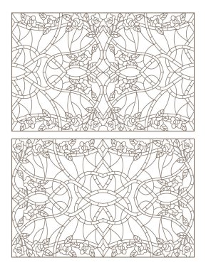 Vitray soyut swirls ve çiçek gül ' yatay yönlendirme ile set kontur çizimleri