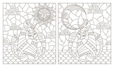 Vitray Windows kontur illüstrasyonlar çatıda, oturan kedi beyaz zemin üzerine koyu konturlar ile ayarla