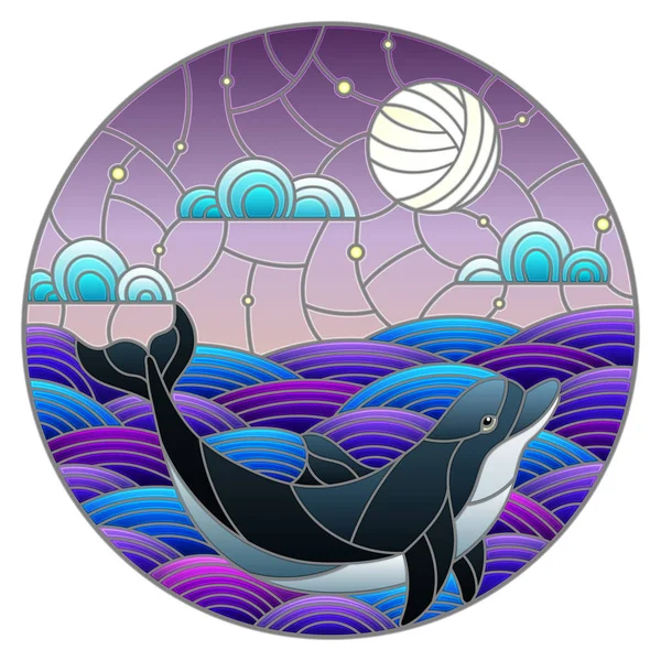 Illustration Glasmalerei Delphin Die Wellen Sternenhimmel Mond Und Wolken Rundes — Stockvektor