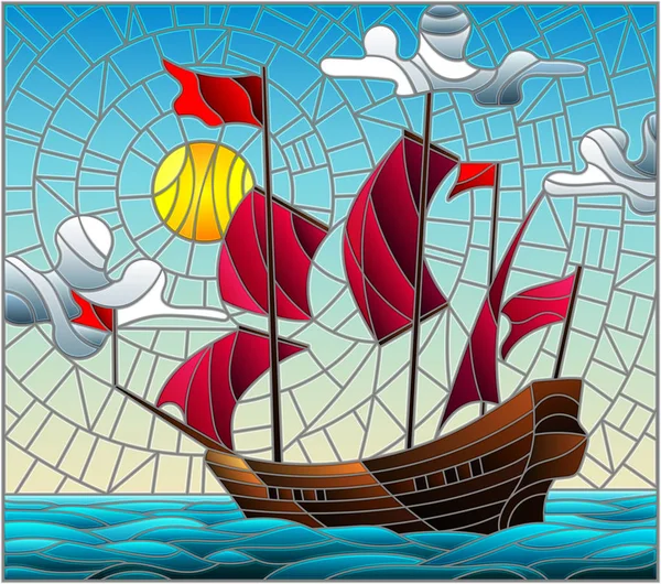 Ілюстрація Вітражному Стилі Старим Кораблем Плаває Червоними Вітрилами Море Сонце — стоковий вектор