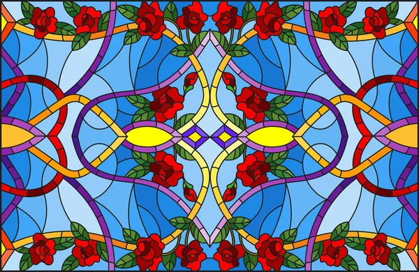 Ilustrace Vitráže Stylu Abstraktní Víry Květy Růží Listy Modrém Pozadí — Stockový vektor