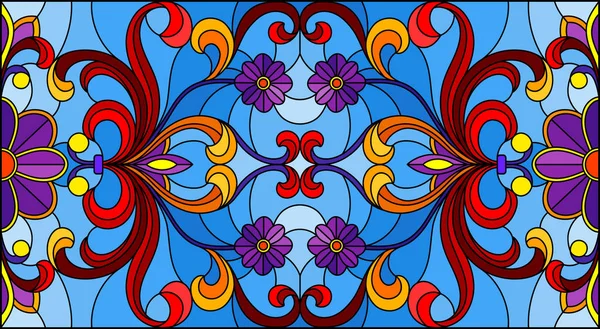 Ilustración Estilo Vitral Con Remolinos Abstractos Flores Hojas Sobre Fondo — Vector de stock