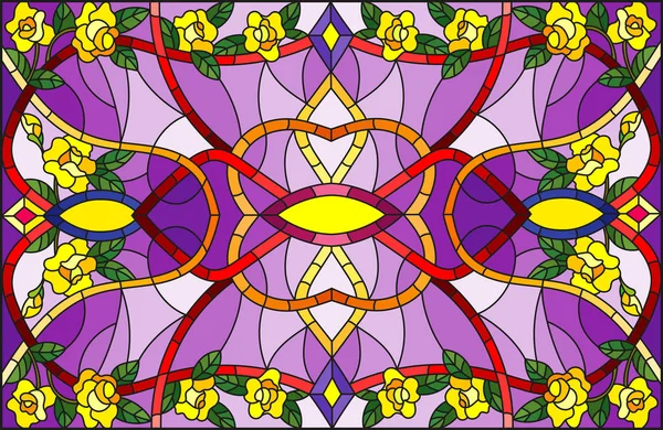 插图在彩色玻璃风格与抽象漩涡 玫瑰花和叶子在紫色背景 水平方向 — 图库矢量图片