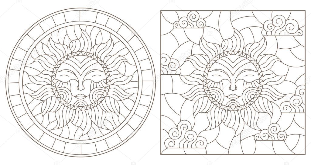 Set contour illustrations of stained glass sun with face, round and square image, dark outline on a white background , isolate
