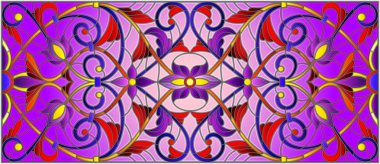 İllüstrasyon soyut swirls, vitray tarzında çiçekler ve yatay yönlendirme, mor bir arka plan bırakır