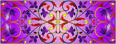 İllüstrasyon soyut swirls, vitray tarzında çiçekler ve yatay yönlendirme, mor bir arka plan bırakır