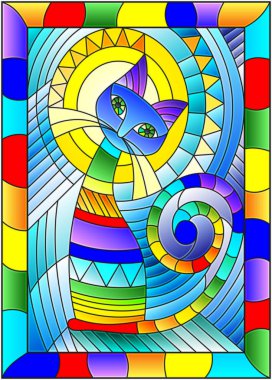 Vitray tarzı illüstrasyon ile soyut geometrik gökkuşağı kedi parlak çerçeve içinde