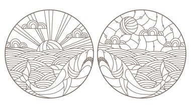 Köpekbalıkları ile kontur illüstrasyonlar dalgalar ve gökyüzü, beyaz bir arka plan üzerinde koyu anahat ayarlama