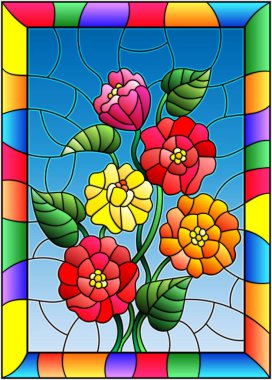 Çiçekler, vitray stiliyle çizimde tomurcukları ve çiçeğe bakın parlak çerçeve mavi bir arka plan üzerinde bırakır 