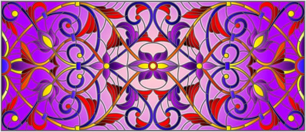 Ilustração Estilo Vitral Com Redemoinhos Abstratos Flores Folhas Fundo Roxo — Vetor de Stock